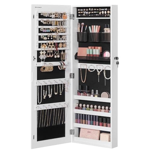 SONGMICS Jewelry Cabinet Armoire, Lockable Wall-Mounted Organizer Unit with 2 Plastic Cosmetic Storage Trays, Full-Length Frameless Mirror, White UJJC001W01 - Image 1