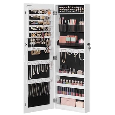 SONGMICS Jewelry Cabinet Armoire, Lockable Wall-Mounted Organizer Unit with 2 Plastic Cosmetic Storage Trays, Full-Length Frameless Mirror, White UJJC001W01 - Image 1