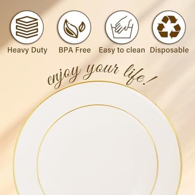 Nervure 100Pcs Ivory and Gold Plastic Plates - 10.25inch Disposable Ivory Dinner Plates - Heavy Duty Plastic Plate Ideal for Wedding & Party & Thanksgiving - Image 8