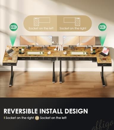 OffiGo 63 Inch L Shaped Electric Standing Desk with Drawers, Height Adjustable Large Desk with Power Outlets, Sit Stand Table, Writing Computer Desk for Home, Office, Workstation, Rustic Brown - Image 6