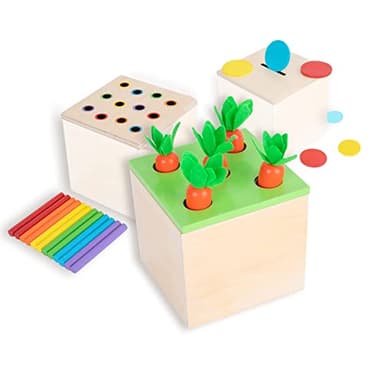 Adena Montessori 3 for 1 Wooden Montessori Play Kit Baby Toys,includes Matchstick Color Drop Game,Carrot Harvest Game and Coin Box,Learning Toy for Kid 1,2,3 Year Old,Girl Boy Gift for Baby 6-12 Month - Image 3