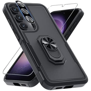 for Samsung Galaxy S25 Plus/S24 Plus Case with Screen Protector+Camera Lens Protector,Heavy Duty Shockproof Full Body Protective Cover Built in Rotatable Metal Ring Holder Kickstand,2025 Black Matte - Image 1