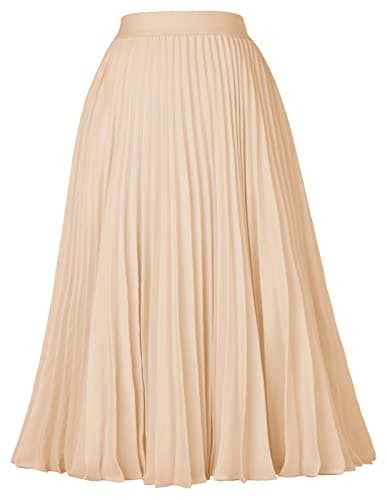 GRACE KARIN Women's Flared Pleated Ruffle Chiffon Skirt Below Knee Light Khaki S - Image 1