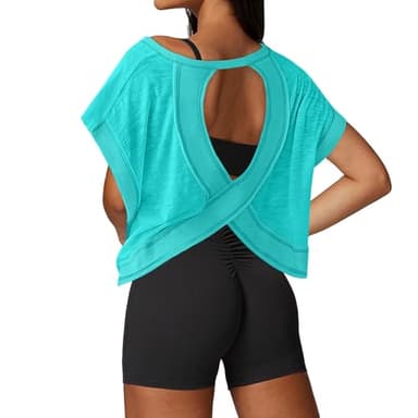 UNIANKIYA Open Back Workout Tops for Women Loose Fit Athletic Crop Tee Short Sleeve Gym Running Yoga Shirt Lake Green - Image 1