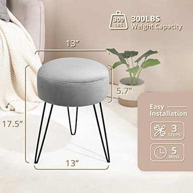 LUE BONA Vanity Stool, Gray Vanity Stools for Makeup Room, Round Ottoman Foot Stool, Velvet Footrest Vanity Chair for Bathroom Vanity, Bedroom, Living Room, Entryway, Offices - Image 3