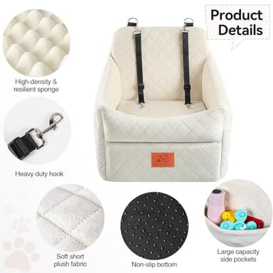 GL GLENSLAVE Dog Car Seat for Small/Medium Dogs, Dog Booster Car Seats with Thick Cushion for Dogs Under 35lbs, Detachable Washable Pet Car Seat with Storage Pockets, 2 Safety Belts (Beige) - Image 5