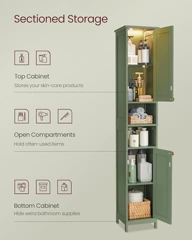 VASAGLE Tall Bathroom Cabinet with Lights, Slim Freestanding Bathroom Storage Cabinet with Adjustable Shelves, for Small Spaces, Modern, 11.8 Inches Wide, Forest Green UBBC566C01 - Image 5