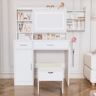 Viaozutis Vanity Desk with Mirror and Lights, with Hidden Shelves,4 Compartments,2 Drawers,Cabinet & Stool,Dimmable LED Lights,Power Outlets, Ideal for Bedroom Vanity Organization(White) - Image 5