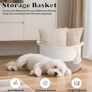 HZFTJOY Large Blanket Basket for Organizing,65L Closet Organizers and Storage Bins Box for Shelves Woven Rope Storage Baskets,Living Room,Bedroom,Dorm,Laundry room (White&Brown) - Image 4