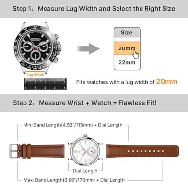 Fullmosa 18mm 20mm 22mm Leather Watch Bands Quick Release Watch Strap for Men Women, 2 Pack Soft Replacement Strap Wristband with Stainless Steel Buckle,20mm Toffee Brown&Silver/Black&Black - Image 4