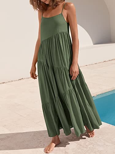 ANRABESS Women Summer Casual Loose Sleeveless Sundress Spaghetti Strap Flowy Boho Linen Beach Vacation Maxi Long Dress Olive Green Large - Image 3