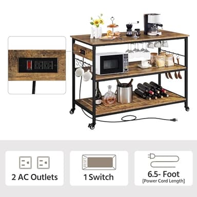 Yaheetech Kitchen Island with Power Outlet, Rolling Kitchen Cart with Wine Rack & Glass Holder & Hooks, Coffee Bar Microwave Stand Wine Rack Table for Dining Room, 47.5" W x 24" D, Rustic Brown - Image 5