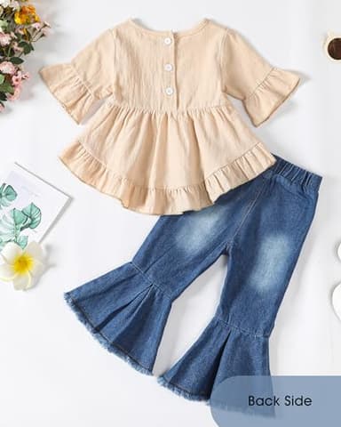 Kucnuzki Baby Girl Clothes 1 Year Old Girl Outfits Toddler Short Sleeve Cotton Shirt Flared Jeans Pants Denim Summer Outfits 12-18 Months Girl Clothes - Image 3