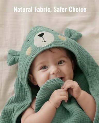 Blissful Diary Muslin Baby Hooded Towel, Soft and Absorbent Bath Towel for Newborn, Infant, Toddler, Unisex, 32″x32″ - Smart Bear - Image 5