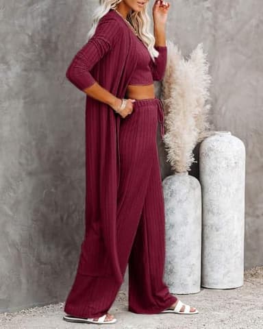 Fessceruna Womens 3 Piece Lounge Sets Pajamas Knit Long Sleeve Cardigan Crop Top Wide Leg Pants Loungewear Set A-wine Red - Image 3