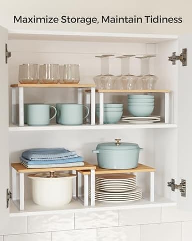 SONGMICS Cabinet Organizer Shelf, Set of 4 Kitchen Counter Shelves, Kitchen Storage, Spice Rack, Stackable, Expandable, Metal and Engineered Wood, Cloud White and Natural Beige UKCS010N01 - Image 4