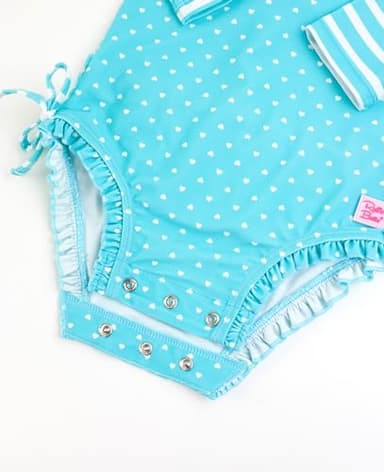 RuffleButts Baby Girls UPF 50+ Sun Protection Polka Dot Long Sleeve One Piece Rash Guard Swimsuit with Zipper - Bright Aqua Heart Polka, 0-3m - Image 6