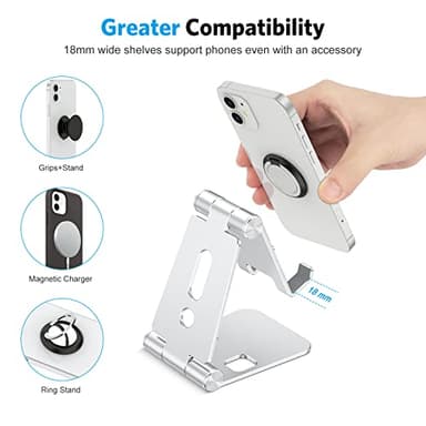 OMOTON Foldable Cell Phone Stand, C4 Portable Aluminum Phone Holder, Adjustable Phone Dock Cradle Compatible with iPhone 17/16/15 Pro Max Air, Samsung Galaxy, Small Tablets, All Smart Phones, Silver - Image 7