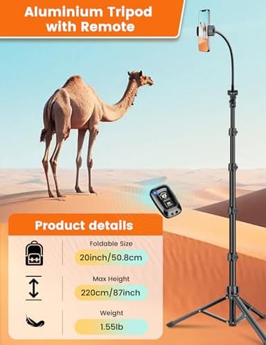 87" Phone Tripod Stand with 15.7" Bendable Gooseneck, Flexible Tripod for iPhone with Remote, Tall Cell Phone Tripod for Video Recording, Compatible with iPhone 15/14/13 Pro Max/Android Smartphone - Image 3