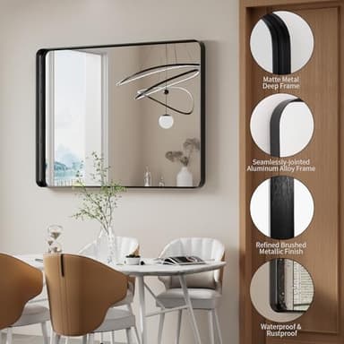 Koonmi Black Wall Mirror for Bathroom, 30x48 Inch Matte Deep Framed Rounded Rectangle Vanity Mirror for Farmhouse Living Room, Tempered Glass, Anti-Rust, Vertically or Horizontally - Image 5
