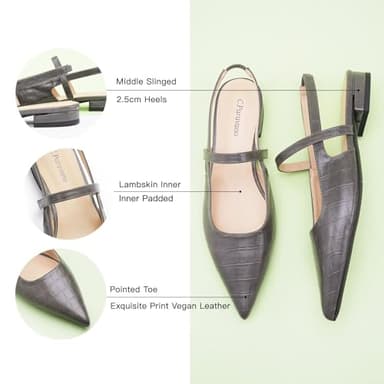 C.Paravano Crocodile-Embossed Women's Slingback Flats, Pointed Toe Kitten Heels, Low Heel Pumps, Ankle Strap Leather Dress Shoes for Office and Casual Wear(Size 10,Croc Grey Flats) - Image 4