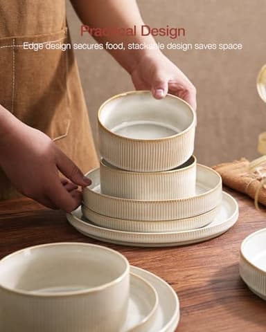 Famiware Star Dinnerware Sets, Plates and Bowls Set for 4, 12 Pieces Ribbed Dishes - Chip and Scratch Resistant, Microwave and Dishwasher Safe Tableware, Cappuccino White - Image 6