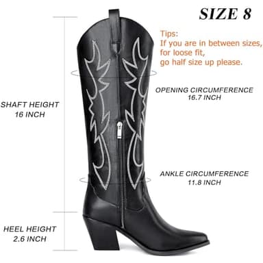 Mostrin Black Cowgirl Boots Embroidered Cowboy Boots for Women Almond Toe Mid Heel Pull On Zipper Western Fashion Knee High Boot Size 7.5 - Image 2