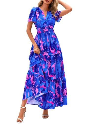 PRETTYGARDEN Women's 2025 Summer Boho Maxi Dresses Floral Short Sleeve V Neck A Line Tiered Flowy Long Beach Vacation Dress (Royal Blue,X-Large) - Image 1