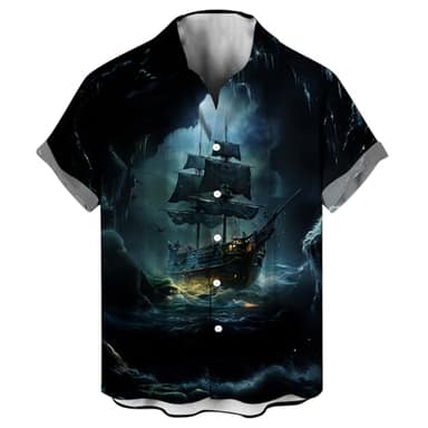 LAOLIUSN Funny Pirate Hawaiian Shirt Pirate Ship Graphic Short Sleeved Button Down Shirt,Black,M - Image 1