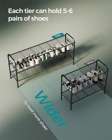 SONGMICS Shoe Rack, 3-Tier Shoe Organizer, Metal Shoe Shelf Storage with 4 Side Hooks, Holds 18 Pairs of Shoes, Height-Adjustable Shoe Rack for Entryway, Hallway, Closet, Easy Assembly, Ink Black - Image 5