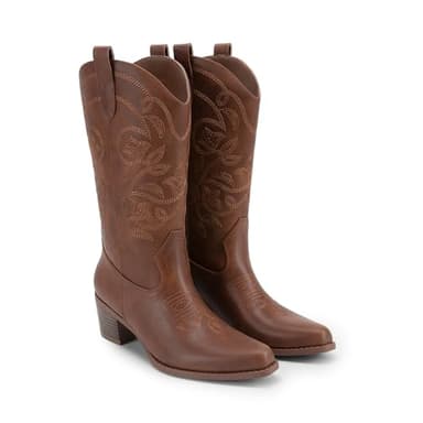 DREAM PAIRS Cowboy Boots for Women Cowgirl Western Boots Fashion Embroidery Stitched Chunky Heel Mid Calf Boots,Size 7,Brown-Pu,DWUMMB2504 - Image 6