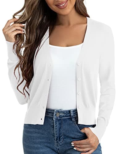 Ahlaray Women's Button Down Cropped Bolero White Sweater Cardigan Shrugs for Dresses, Large - Image 1