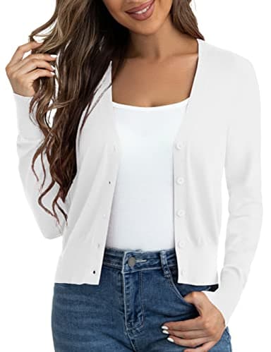 Ahlaray Women's Button Down Cropped Bolero White Sweater Cardigan Shrugs for Dresses, Large - Image 1