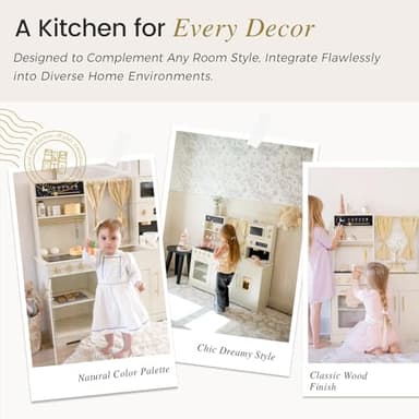 Tiny Land Play Kitchen for Kids, Toy Kitchen Set with Plenty of Play Features, New Modern Kids Wooden Play Kitchen Designed in Trendy Home Style with Curtains, Gift for Ages 3+ - Image 5