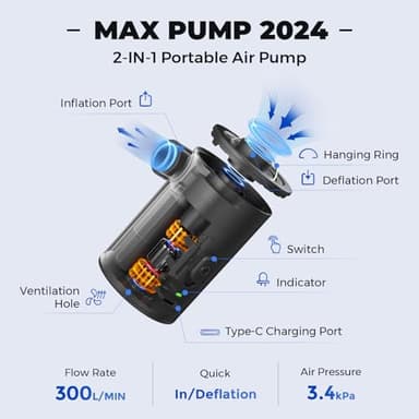 FLEXTAILGEAR 3.4kPa Air Pump for Inflatables, Portable Camping Pump with 1600mAH Rechargeable Battery, Rapid in/Deflation System with 300L/min Airflow for Air Mattress, Pool Toy, Float, Swimming Ring - Image 3