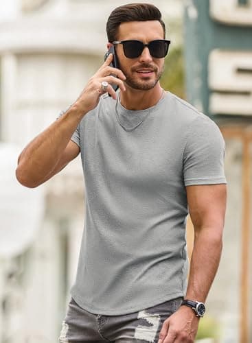 JMIERR Mens Short Sleeve T Shirt Muscle Slim Fitted Summer Shirt Crewneck Longline Tees Shirts for Gym Workout Athletic, US 46(XL), Grey - Image 3
