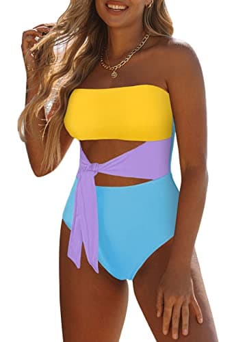 Viottiset Women's Bandeau One Piece Swimsuit Strapless Tie Cut Out Bathing Suit Yellow Blue XL - Image 1