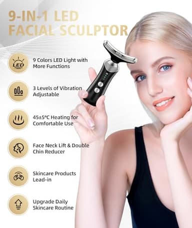 Dopsikn 9-in-1 Red-Light-Therapy-for-Face-and-Neck, Portable Facial Massager Tool with Adjustable Vibration & Thermals for Wrinkles, Double Chin, Black - Image 4