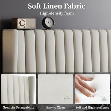 Yaheetech Full Bed Frame Upholstered Platform Bed with Fabric Headboard, Wing Edge Design/Non-Slip and Noise-Free/Wooden Slats Support/No Box Spring Needed/Easy Assembly, Ivory Full Bed - Image 5