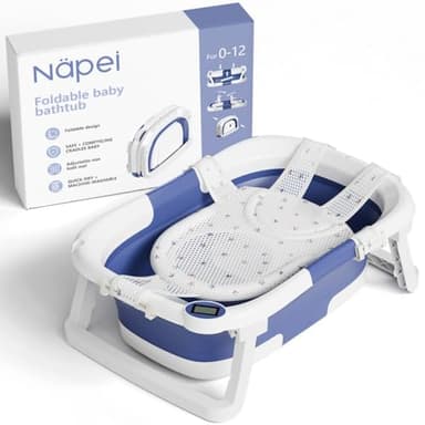 napei Collapsible Baby Bathtub,Baby Bath Tub with Soft Cushion & Thermometer,Baby Bathtub Newborn to Toddler 0-36 Months,Portable Travel Baby Tub - Image 1