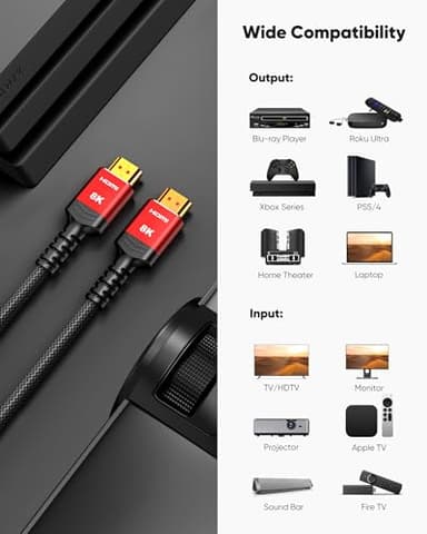 Highwings 8K 10K HDMI 2.1 Cable 6.6FT/2M 2-Pack, Certified Ultra High Speed HDMI Cable Braided Cord-4K@120Hz 8K@60Hz, DTS:X, HDCP 2.2 & 2.3, HDR 10 Compatible with Roku TV/HDTV/Blu-ray - Image 8