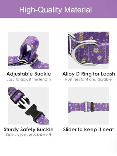 JOOCPUP Martingale Collar for Dogs with TAG Ring, Adjustable Soft Nylon Dog Collars with Buckle Heavy Duty for Small, Medium & Large Dogs (Purple Flower,M) - Image 3