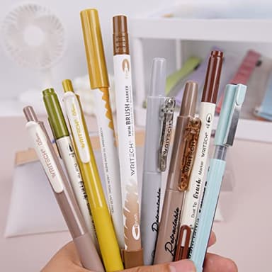 WRITECH Journaling Gel Pens Highlighters: 0.5mm Fine Point Retractable Gel Ink Pen Assorted Colored Highlighter Fineliner Multicolor Dual Tip Brush Marker Bulk Extra Smooth No Bleed 9ct (Earth Tone) - Image 5