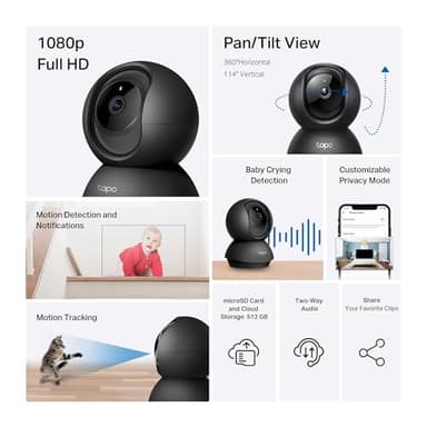 Tapo by TP-Link Pan/Tilt Security Camera for Baby Monitor, Pet Camera w/Motion Detection, 1080P, 2-Way Audio, Night Vision, Cloud & SD Card Storage, Works with Alexa & Google Home, Black (Tapo C201) - Image 2