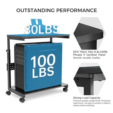 EUREKA ERGONOMIC PC Stand Computer Cart, Height Adjustable Tower Stand 2-Tier Suit for ATX Case Printer, Metal Rolling Cart on Wheels for Gaming Home Office, Black - Image 4