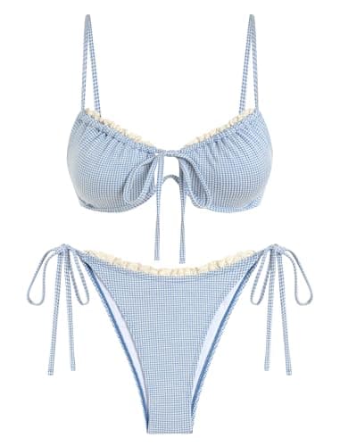 ZAFUL Women High Cut Bikini Sets Lace Thong Swimsuit Two Piece String Sexy Underwire Bathing Suit Cheeky Cut Out Cute Swimwear Gingham Blue S - Image 2