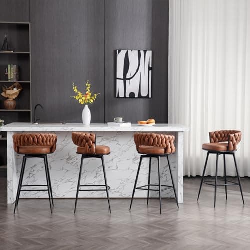 BFZ 26inch Bar Stools Set of 4, Counter Height Bar Stools, 180° Swivel Suede Fabric Stool Chairs with Woven Back and Footrest for Kitchen Island, Cafe, Pub, Bar Counter - Image 1
