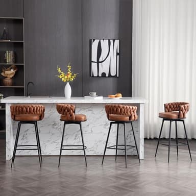 BFZ 26inch Bar Stools Set of 4, Counter Height Bar Stools, 180° Swivel Suede Fabric Stool Chairs with Woven Back and Footrest for Kitchen Island, Cafe, Pub, Bar Counter - Image 1