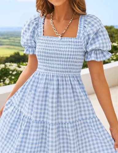 ZESICA Women's 2025 Bohemian Summer Plaid Square Neck Puff Sleeve Ruffle Flowy Beach Midi Dress,LightBlue,Small - Image 4