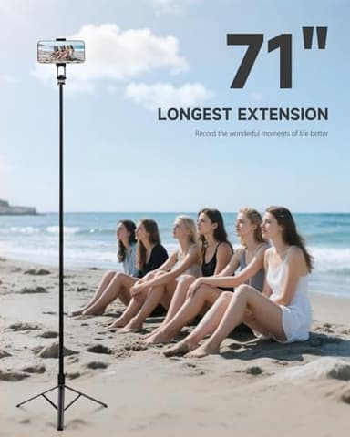 RISEOFLE 71” Phone Tripod & Selfie Stick, Portable All in One Extendable Cell Phone Tripod Stand, with Wireless Remote Control for iPhone/Samsung/Android/Camera - Image 3